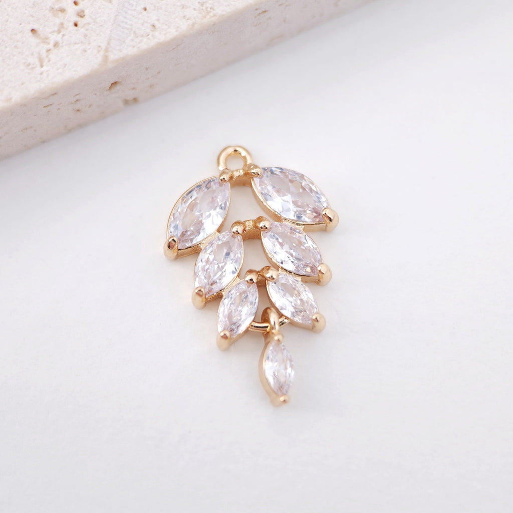 CZ Pave Leaf Charm, Cubic Zircon Crystal Leaf Pendant, CZ Earring Charms,  Gold Plated Brass Earring Charms, Jewelry Findings F267