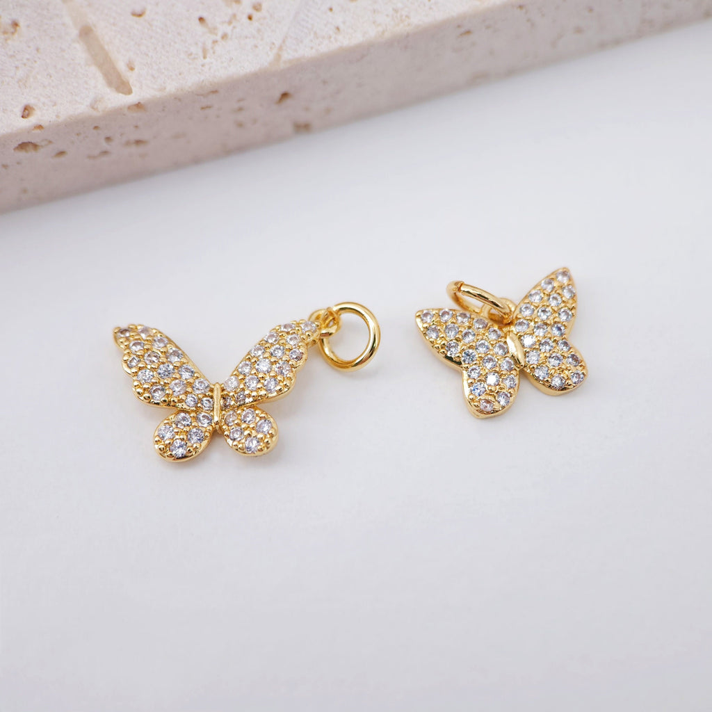 Dainty Butterfly Charm, 18K Gold Plated Pendant, CZ Pave, Animal Charm, 12x15mm, Necklace Jewelry Finding S779