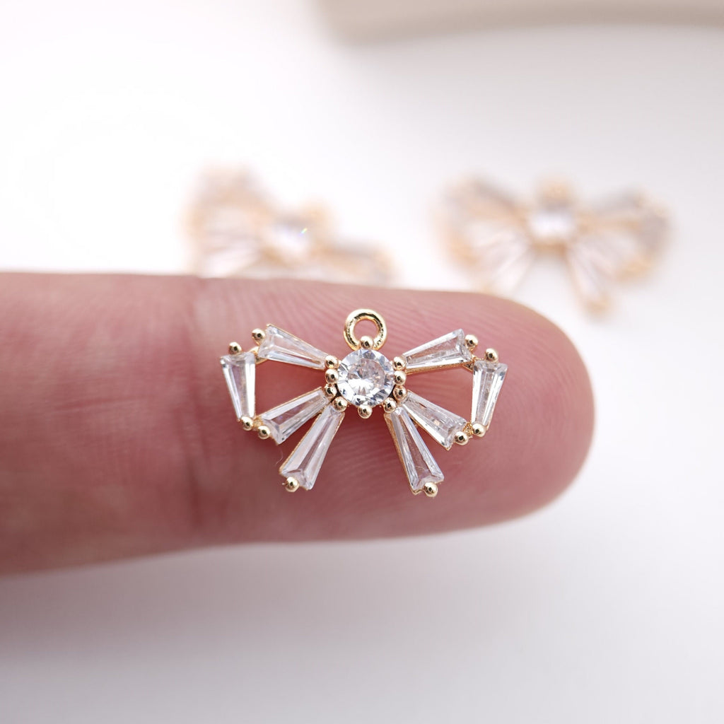 Cubic Bow Charm, 14K Gold Plated Bow Tile Pendant, Clear Micro CZ Pave Bowtie Charm, 18x12mm, Jewelry Findings STG013-F168-F075
