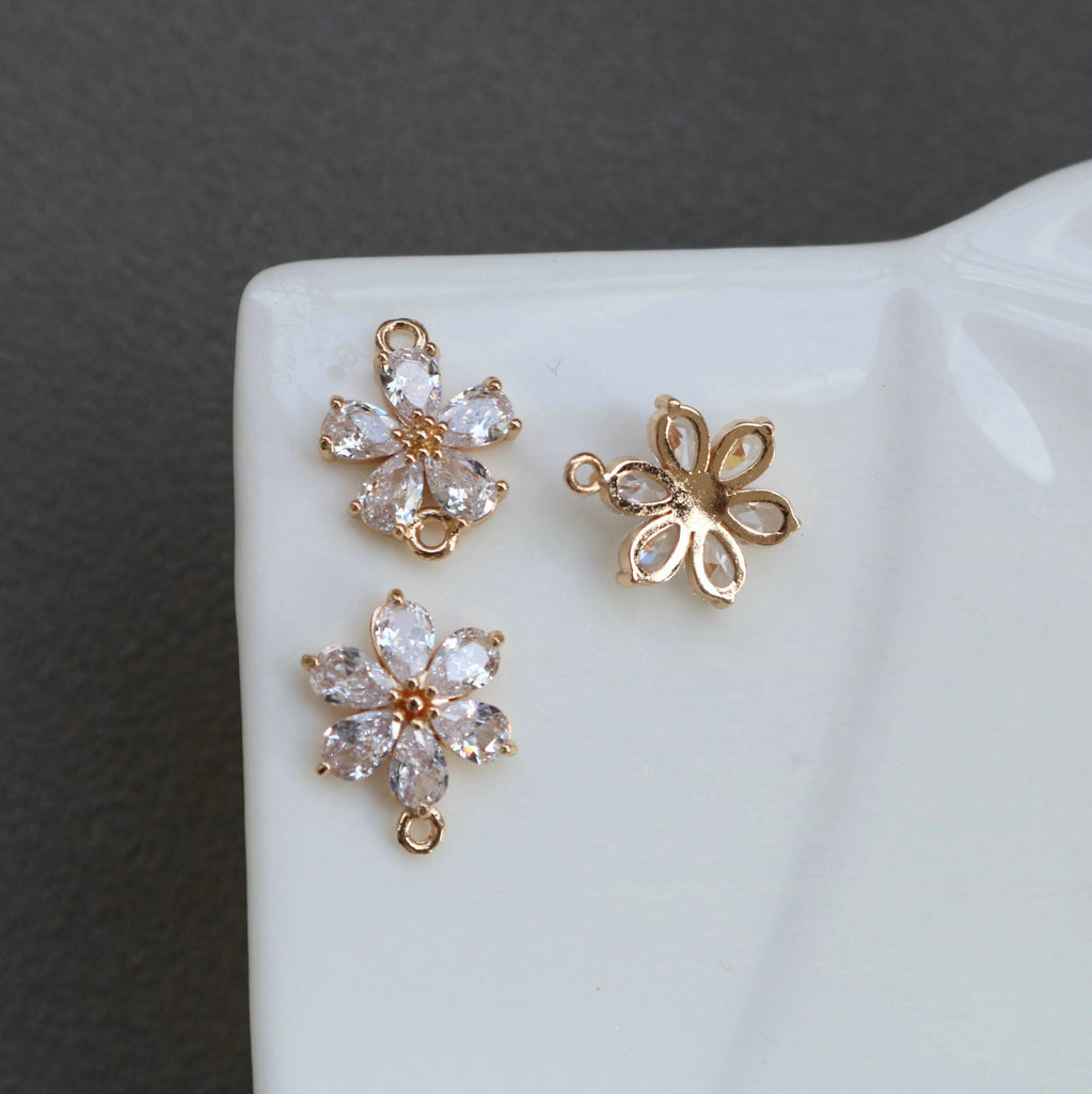 Sun Flower Charm, Cubic Zircon Crystal Flower Pendant, CZ Earring Charms,  Gold Plated Brass Earring Charms, Jewelry Findings HL014-F179