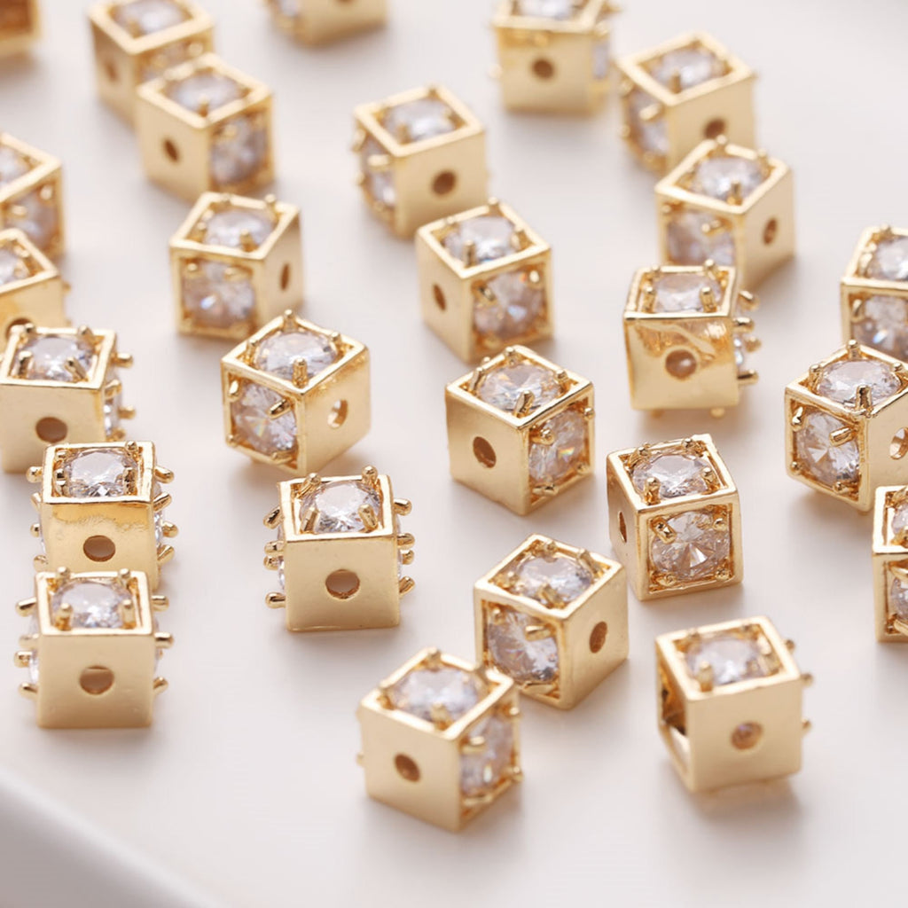 Square Cube Beads, 18K Gold Plated Beads, CZ Pave Bracelet Beads, Square Spacer Beads, Jewelry Finding JG025