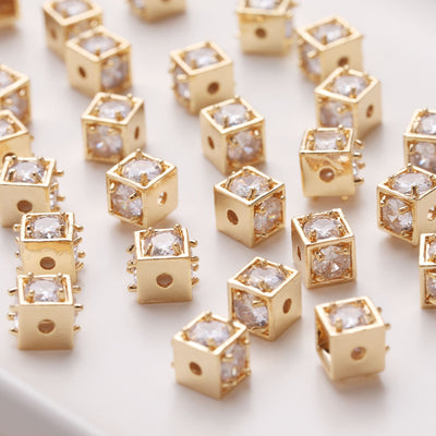Square Cube Beads, 18K Gold Plated Beads, CZ Pave Bracelet Beads, Square Spacer Beads, Jewelry Finding JG025