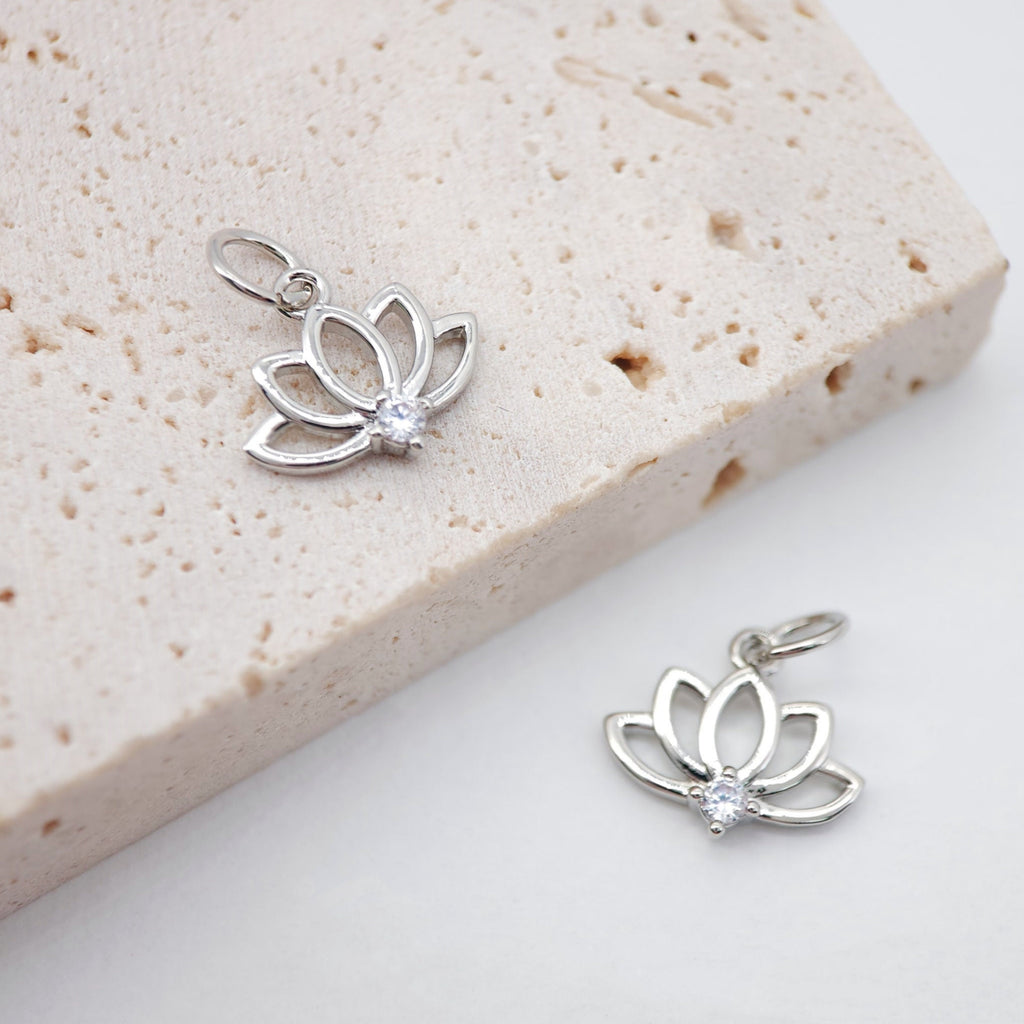 2PCS Lotus Flower Charms, 18K Gold Plated Cubic Pave Charms, Plant Pendant, Necklace Earring Making Charms, 11x13mm, Jewelry Findings S744