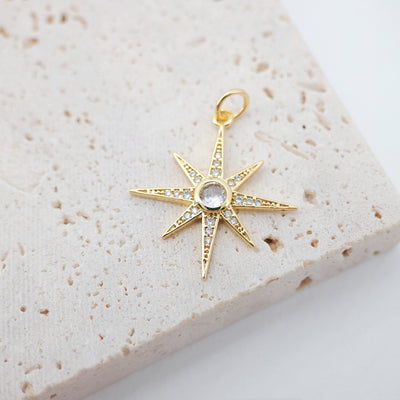 North Star Charms,  Crystal Cubic Star Pendant, 18K Gold Plated, Necklace charms, Jewelry Findings S708