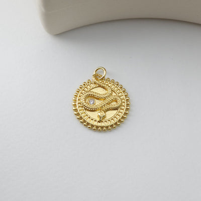 Snake Charm, Dainty CZ Pave, Round Pendant, 18K Gold Plated, Snake Pendant, Bracelet Necklace Making Charm, Jewelry Finding S1229