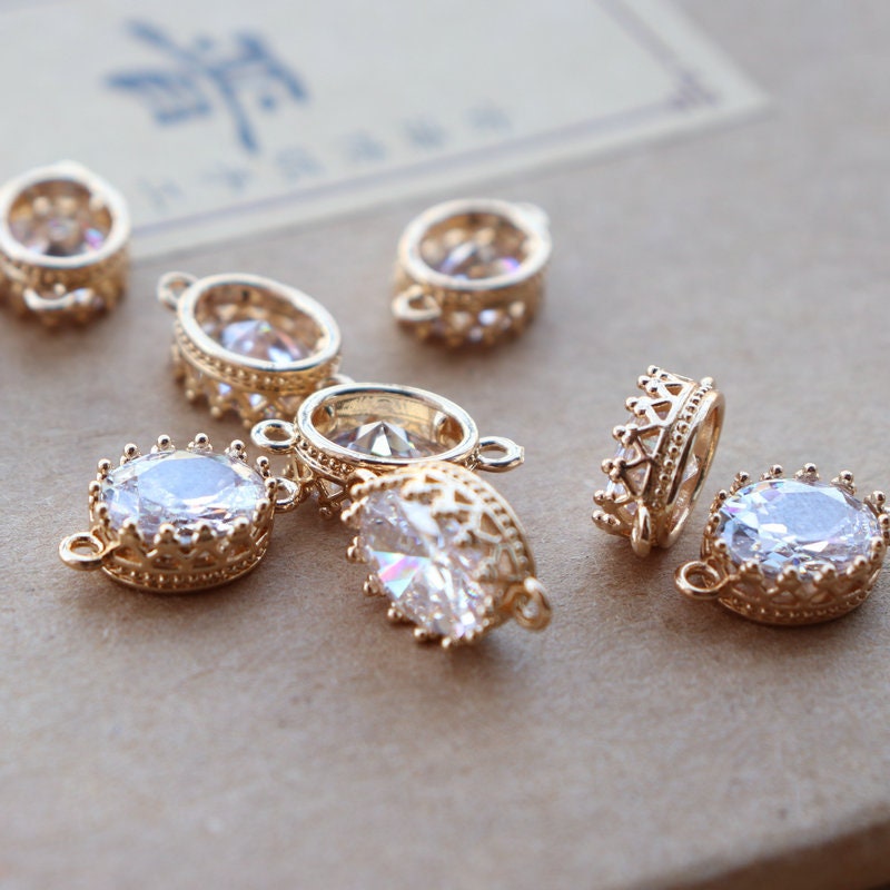 10 dijes ovalados con pavé de circonita cúbica, colgante de cristal de circonita cúbica, colgante para pulsera y collar, chapado en oro auténtico de 14 quilates, accesorios de joyería JY070-F154