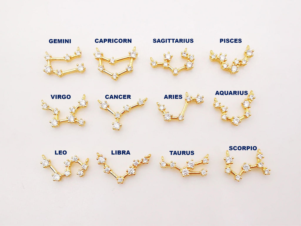 Zodiac Charms, Crystal Cubic Constellation Pendant, 18K Gold Plated Zodiac Sign, Necklace Making Charms, Birthday Gift Jewelry Findings S977