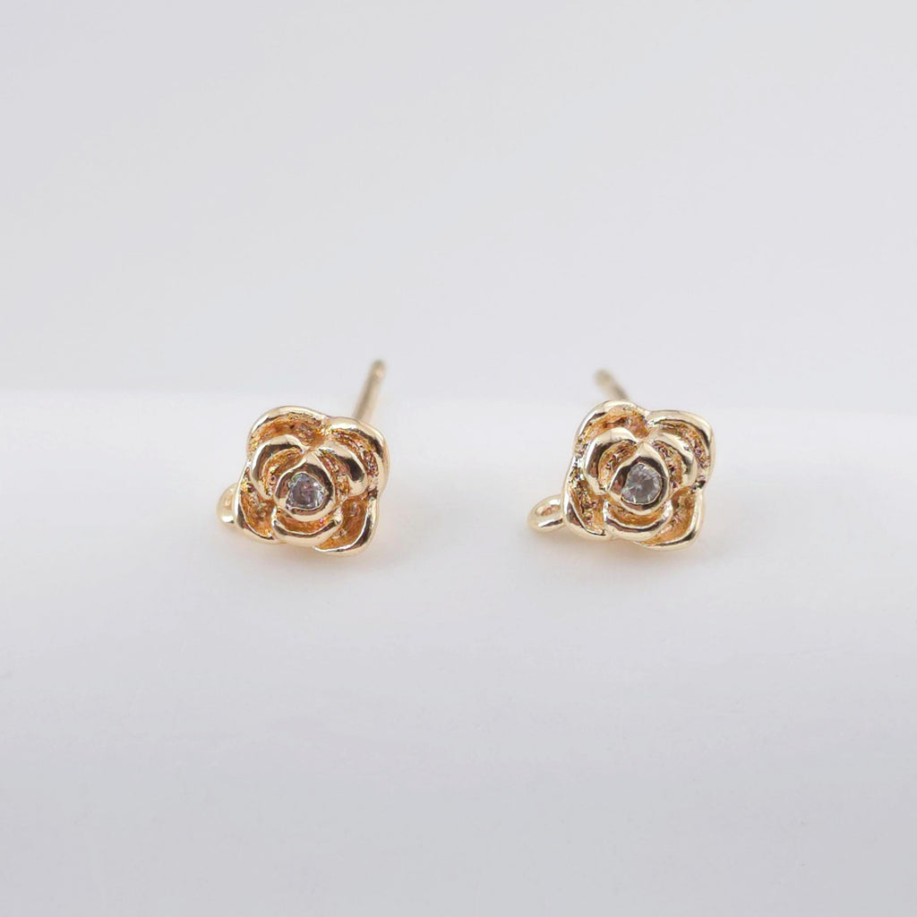 Rose Flower Earring Post, 18K Real Gold Plated Brass Stud Earring With Loop, Nickel Free, Earring Finding ZX331