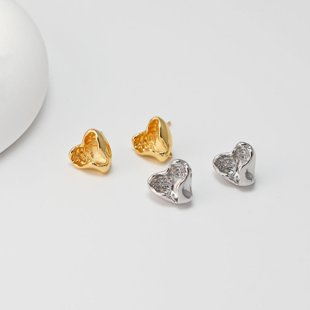 Heart Lava Earrings Post With Loop, 18K Gold Plated, Nickel Free, S925 Silver Pin, Ear Stud Hypoallergenic Earring Findings D0486