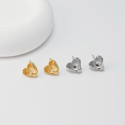 Heart Lava Earrings Post With Loop, 18K Gold Plated, Nickel Free, S925 Silver Pin, Ear Stud Hypoallergenic Earring Findings D0486