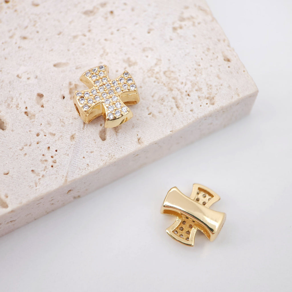 5pcs Cubic Cross Spacer Beads, 18K Gold Plated Micro CZ Pave Charm Bead,  12mm, Bracelet Necklace Making Pendant, Jewelry Finding S201