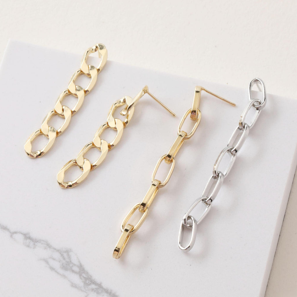 Gold Link Chain Earring Post, Curb Chain Stud Earring Nickel Free, S925 Silver Ear Pin, Hypoallergenic Earring Findings G0021
