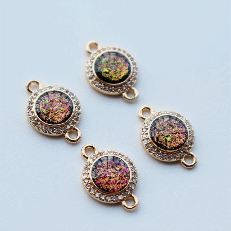 5pcs Faux Opal Round Connectors, Cubic Zircon Crystal Pendant, Bracelet Necklace Pendant, 14K Real Gold Plated, Jewelry Findings JY082-F236