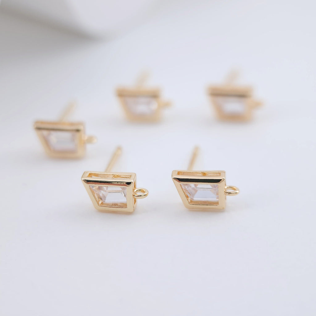 Trapezoid Earring Post Pave CZ, Real Gold Plated, S925 Silver Pin Nickel Free Earrings, Hypoallergenic Earring ZX231