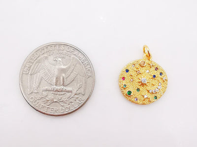 Gold Moon and Star Charm, Cubic Star Round Pendant, 18K Shiny Gold Plated Micro CZ Pave, 16mm, Necklace Making Charm, Jewelry Findings S345