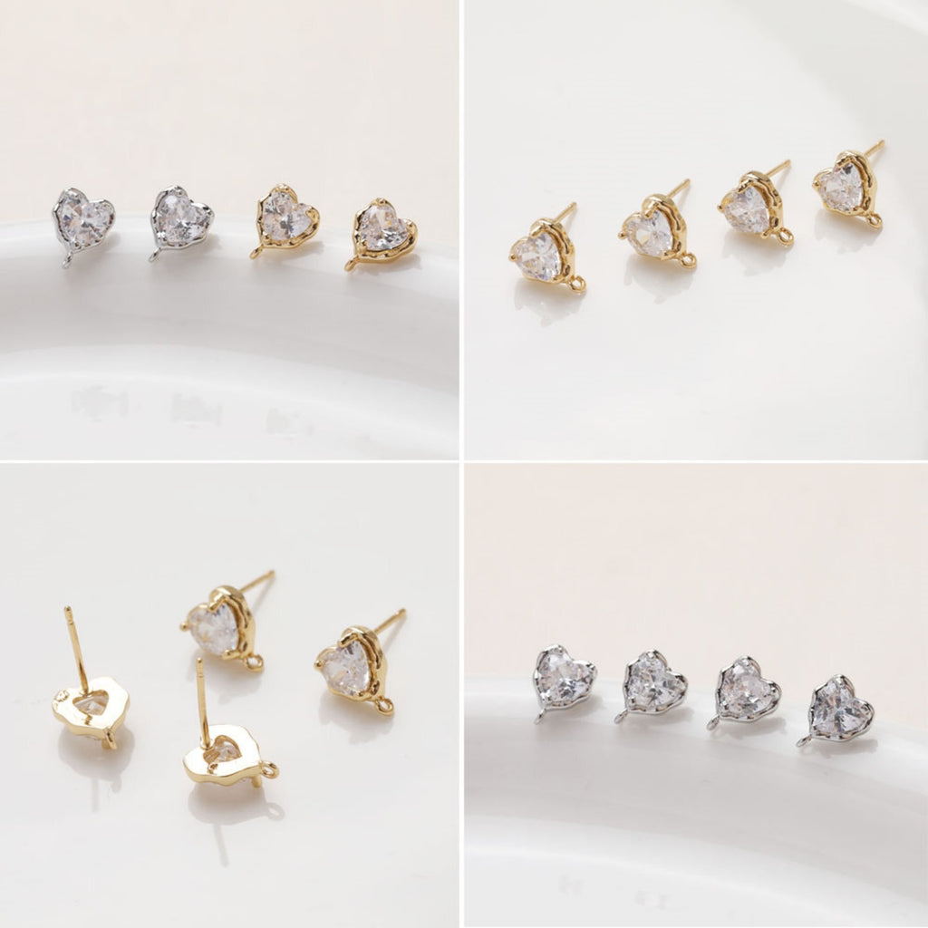 Gold love heart CZ Earring Post,  14K Gold Nickel Free Earrings, S925 Silver Ear Pins, 10mm, Heart Shape Ear Stud with Loop JG066