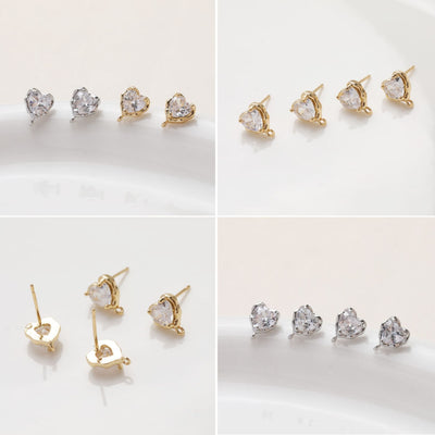 Gold love heart CZ Earring Post,  14K Gold Nickel Free Earrings, S925 Silver Ear Pins, 10mm, Heart Shape Ear Stud with Loop JG066