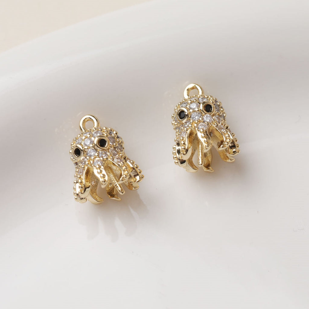 Zirconia Octopus Peg Bail Caps, 14K Gold Plated, Half Drilled Bead Caps, Pearl Bead Caps, Jewelry Making GZ350