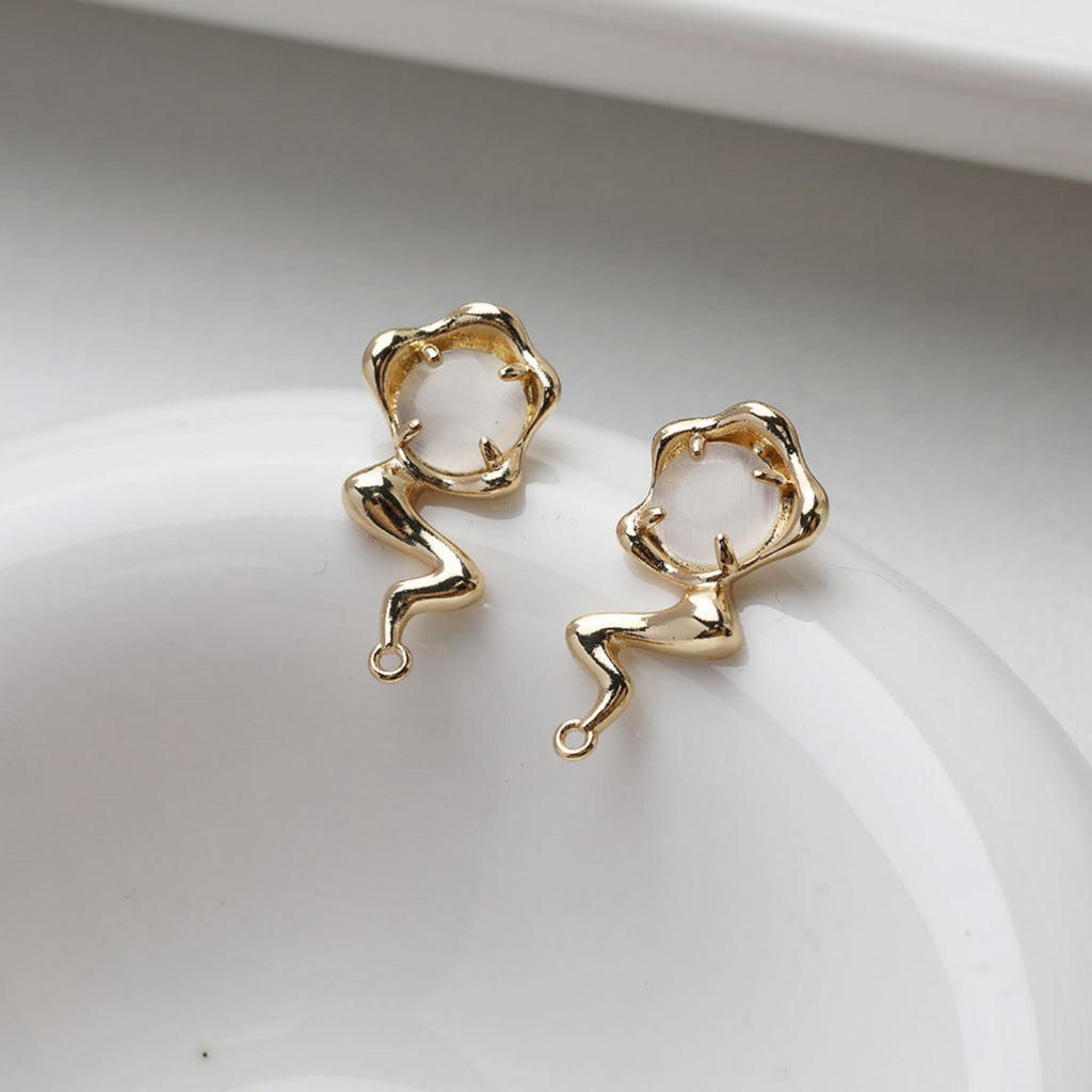 Irregular Cat's Eye Stone Earring Post, 14K Gold/Silver, S925 Silver Pin Nickel Free Earrings, Circle Ear Stud with Loop GE105