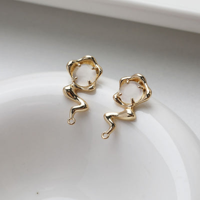 Irregular Cat's Eye Stone Earring Post, 14K Gold/Silver, S925 Silver Pin Nickel Free Earrings, Circle Ear Stud with Loop GE105