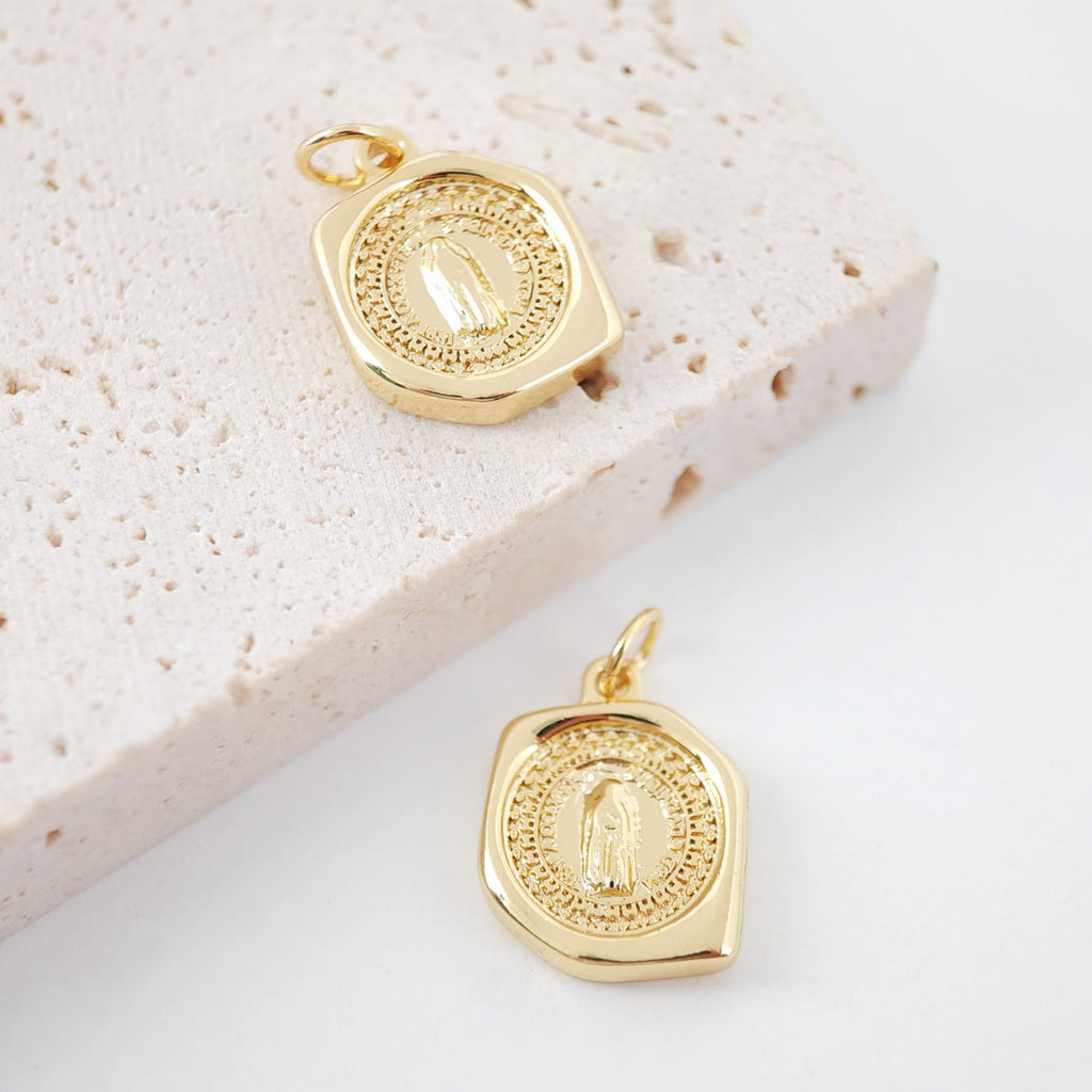 Coin Charm, Card Charm, Card Pendant, Maria Charm, 18K Gold Plated CZ Pave Our Lady Pendant, Necklace Making Charm, Jewelry Findings S998