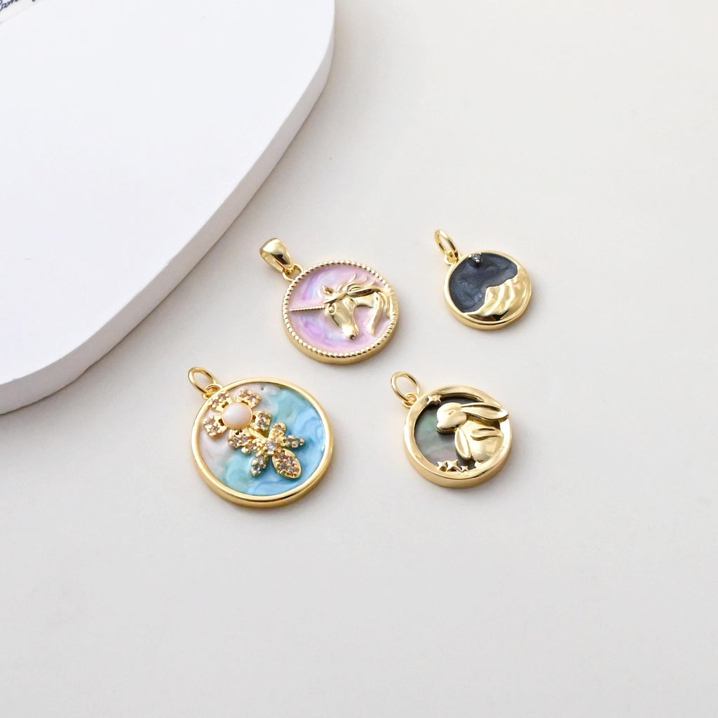 Enamel Round Charms Collections, Unicorn, Flower Pendant, Rabbit Pendant, 18K Gold Plated, Necklace Making Charms, Jewelry Findings S1383