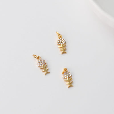 Dainty Cubic Fishbone Charms, 18K Gold Plated Micro CZ Pave Charms, 5x11mm, Fish Bone Pendant,  Necklace charms, Jewelry Findings S789