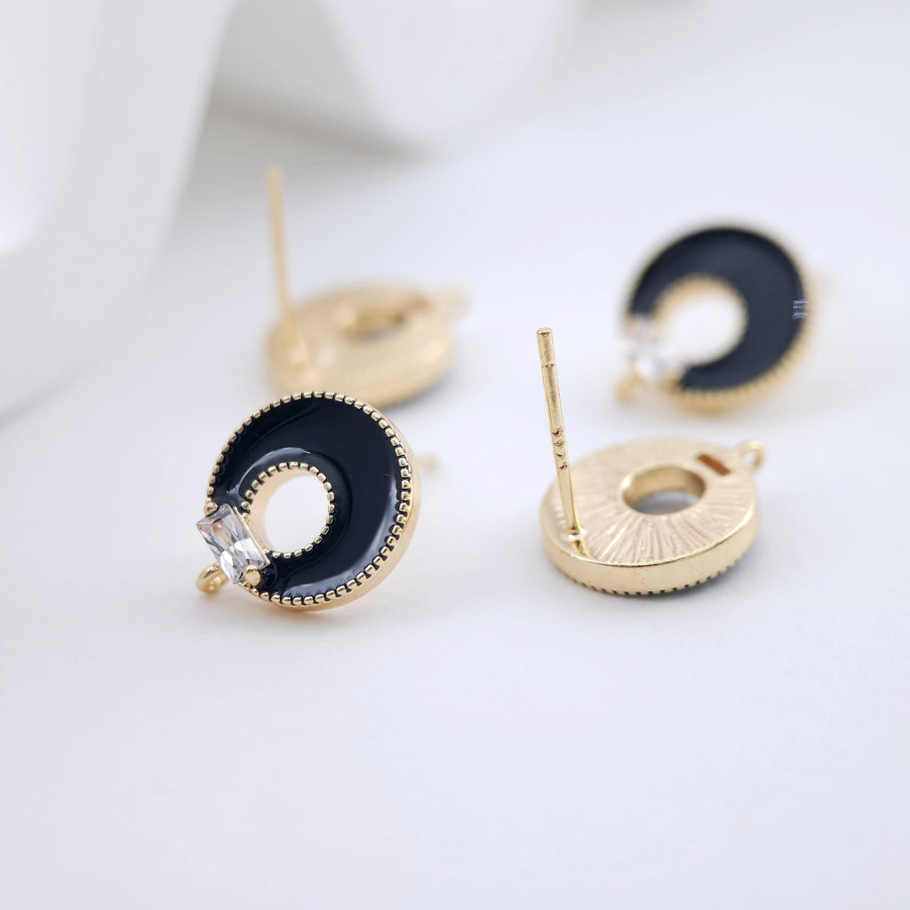 Black Enamel Earring Posts, Round Cutout Post Earrings  with Loop, S925 Silver Pin, Handmade Earring Finding, DIY Earring Supplies ZX234