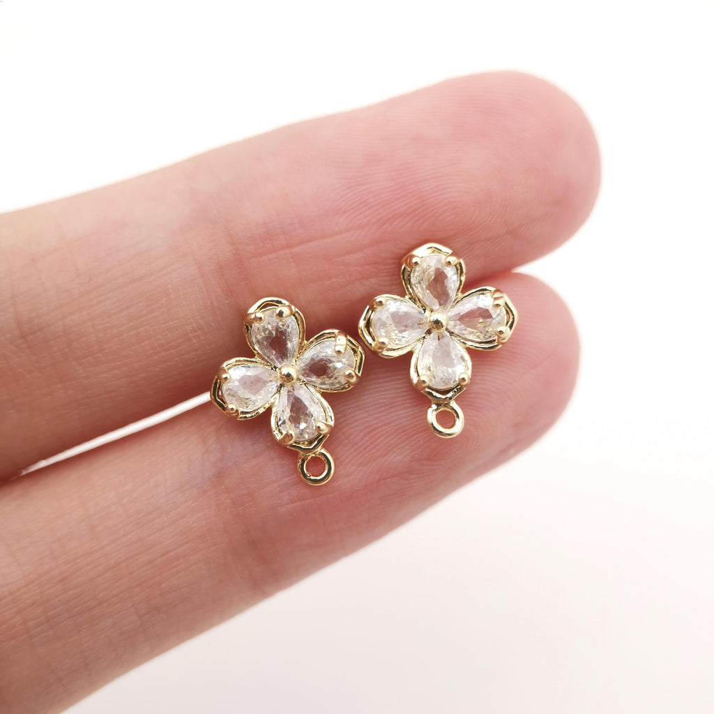 Cubic Zirconia Flower Post Earrings, Gold Plated Earring Post with Loop, Hypoallergenic, Handmade Earring Finding,DIY Earring Supplies D0263