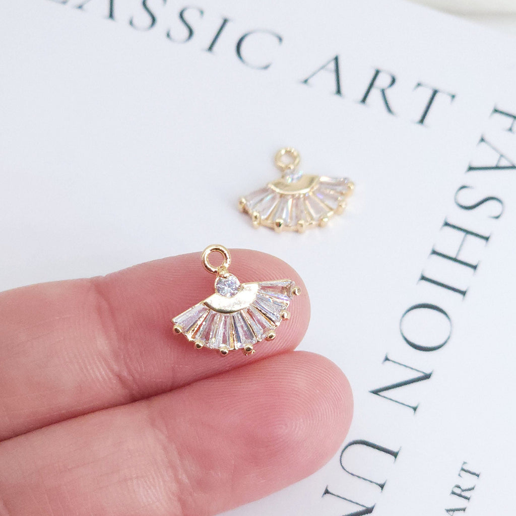 CZ Pave Fan Shape Charm, Cubic Zircon Crystal Fan Connector, CZ Earring Charms,Real Gold Plated Earring Charms, Jewelry Findings ZR003-F072