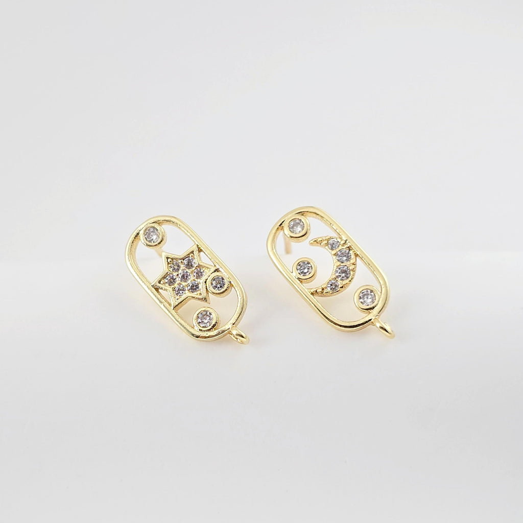 Moon and Star Ear Post, Sold as ONE Pair, S925 Silver Ear Pin, Nickel Free, 18K Gold Ear Stud, Hypoallergenic Earring Findings D0276