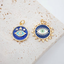 Load image into Gallery viewer, Dark Blue Enamel Evil Eye Charm, 18K Gold Plated Sun Eye Pendant, 19mm, Necklace Making Charm, Jewelry Findings S1073
