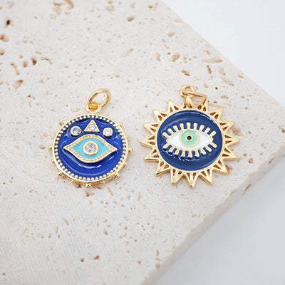 Dark Blue Enamel Evil Eye Charm, 18K Gold Plated Sun Eye Pendant, 19mm, Necklace Making Charm, Jewelry Findings S1073
