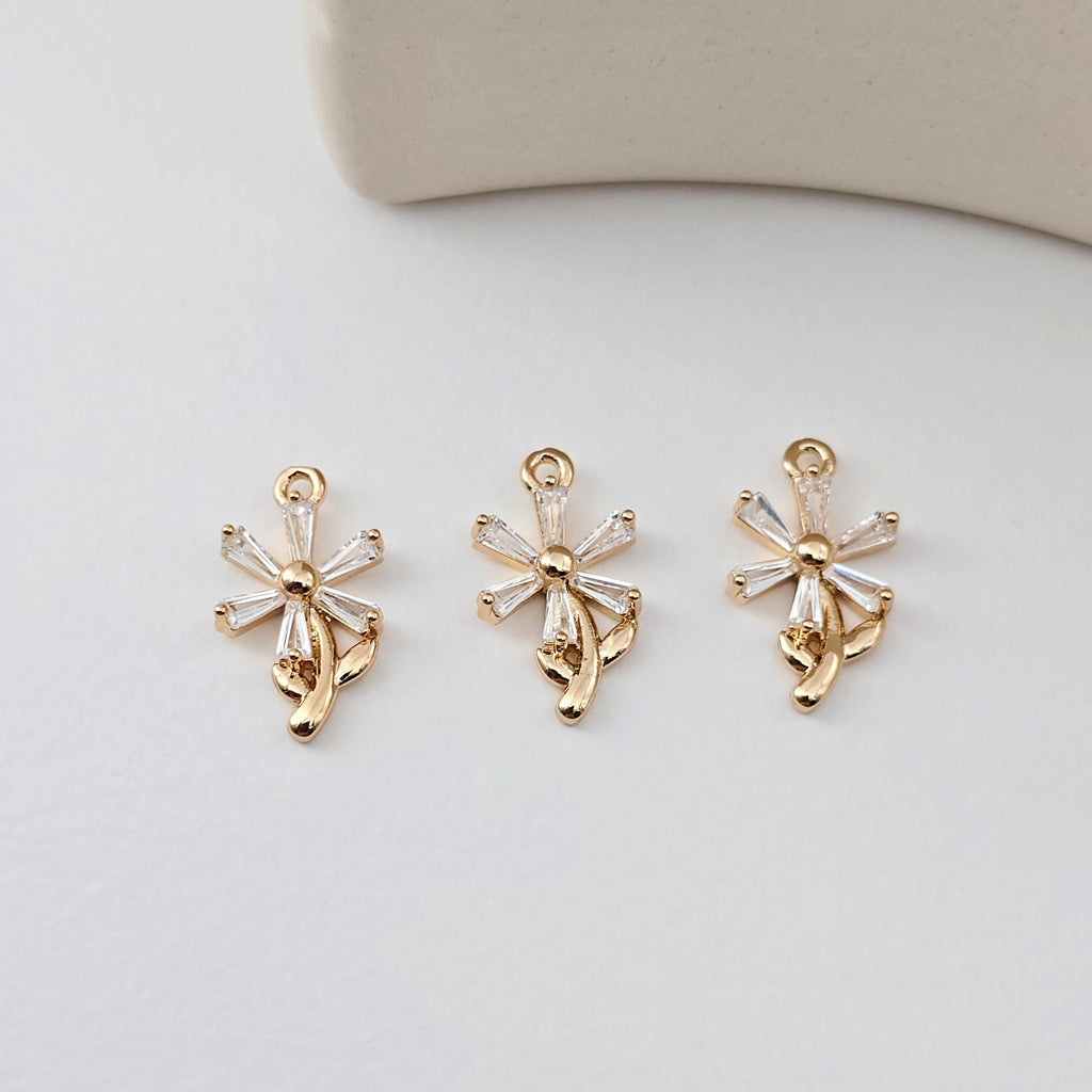 Flower Charm, Cubic Zircon Crystal Flower Pendant, CZ Earring Charms,  Real Gold Plated Brass Earring Charms, Jewelry Findings D0302