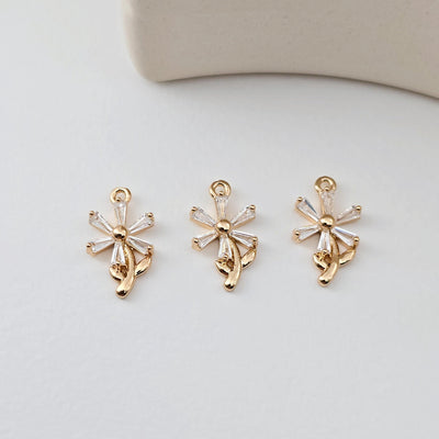 Flower Charm, Cubic Zircon Crystal Flower Pendant, CZ Earring Charms,  Real Gold Plated Brass Earring Charms, Jewelry Findings D0302