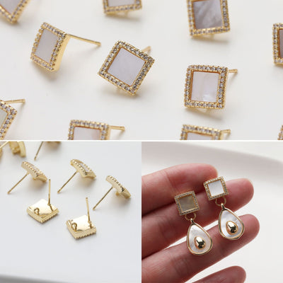Square Post Earring With Loop, Gold Plated, Pave CZ, S925 Silver Pin Nickel Free Earrings, Hypoallergenic Earring Findings GZ501