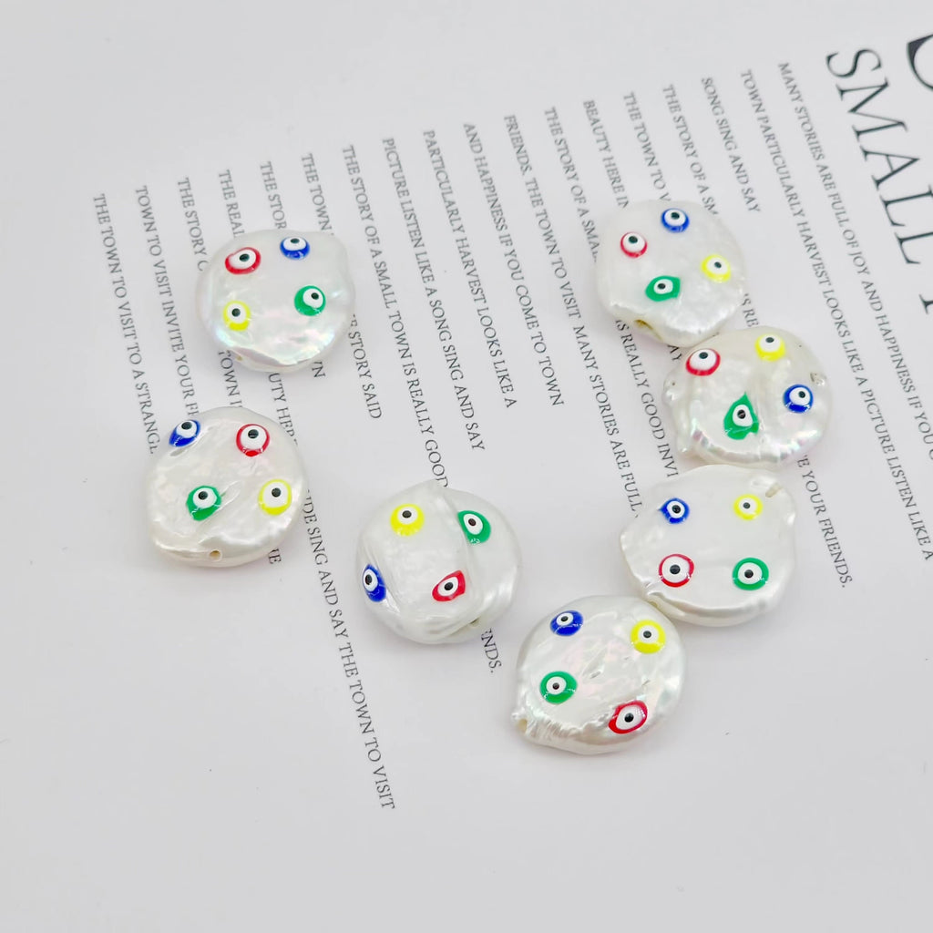 Natural Freshwater Pearl Beads, Enamel Evil Eye Baroque Pearl Charm, 18K Gold Plated, 17mm, Bracelet Necklace Making Jewelry Finding S20597