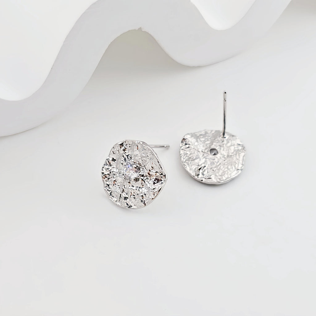 4pcs Round Pleated Earring Post, S925 Silver Pin, 14K Gold/Silver Plated, Nickel Free Earrings, CZ Pave Ear Stud, Earring Findings ZX280