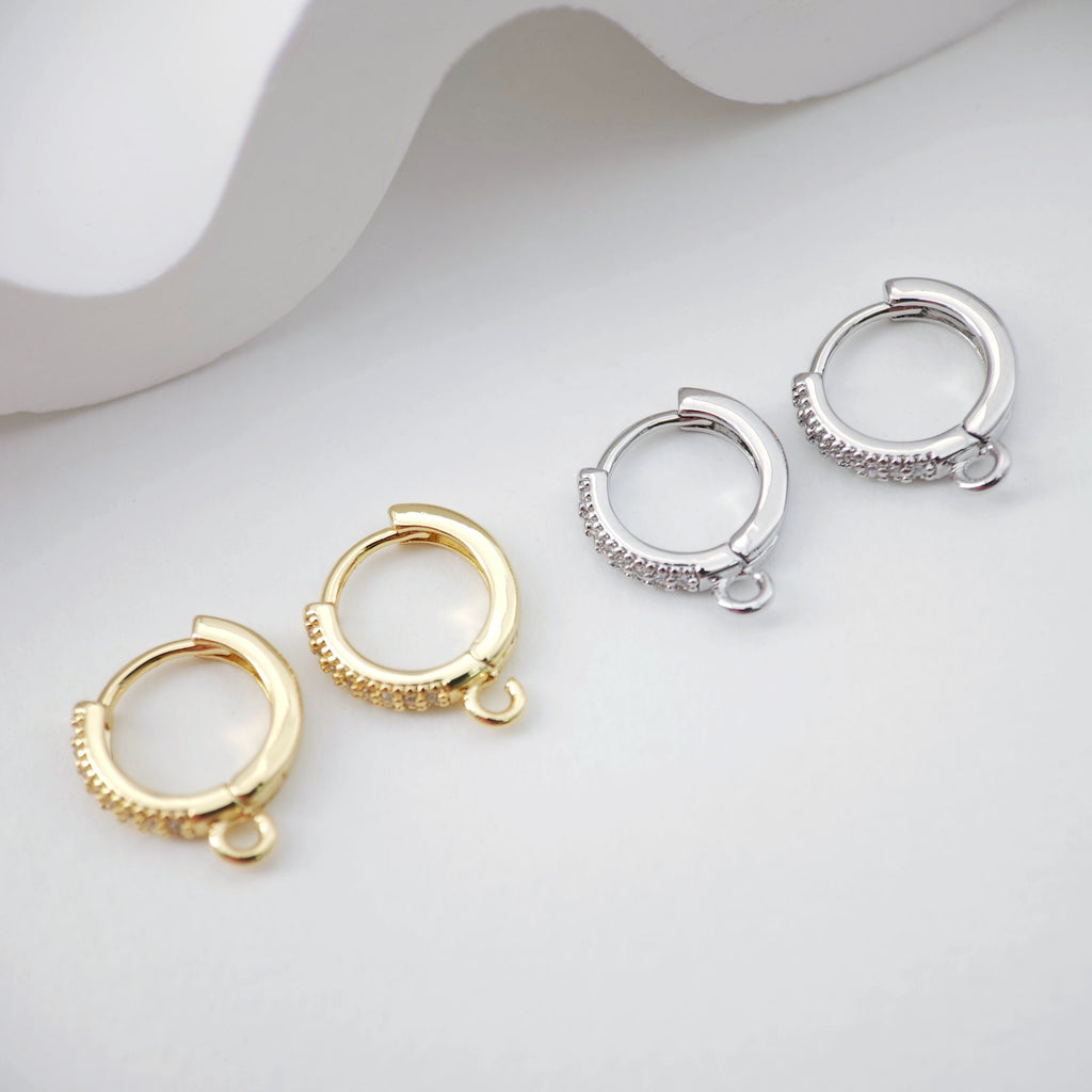 CZ Pave Earring Hoop, Gold Plated Huggie Hoop Earring with Loop, Huggie Hoops DIY Earring  Findings,Handmade Earring Supplies D0110