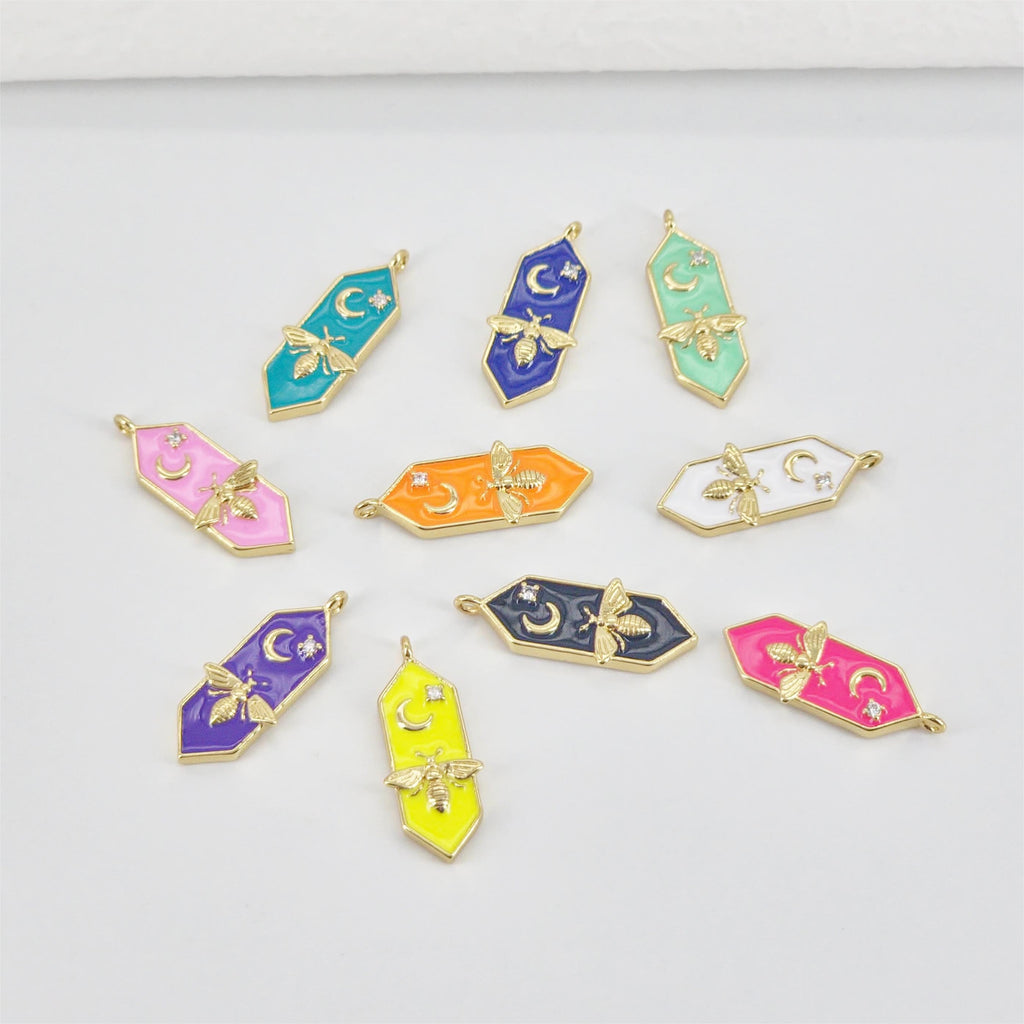 Dije de abeja esmaltado multicolor, luna y abeja, chapado en oro de 18 quilates, ideal para hacer collares y pulseras S20796