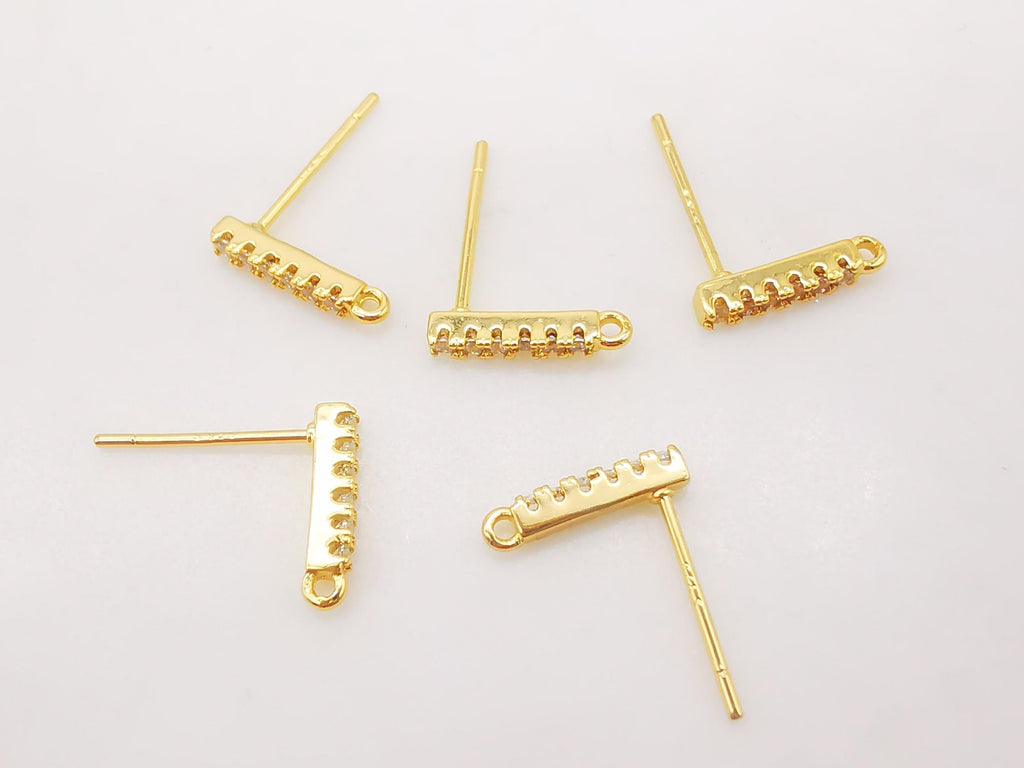 10PCS Rectangle Ear Post with Loops, Nickel Free, Micro CZ Pave, 11x2mm, 18K Gold Plated Stud Earring Finding S271