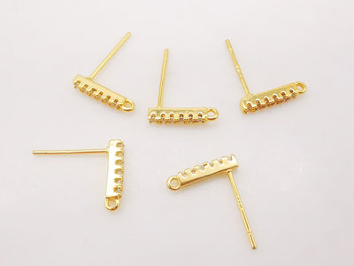 10PCS Rectangle Ear Post with Loops, Nickel Free, Micro CZ Pave, 11x2mm, 18K Gold Plated Stud Earring Finding S271