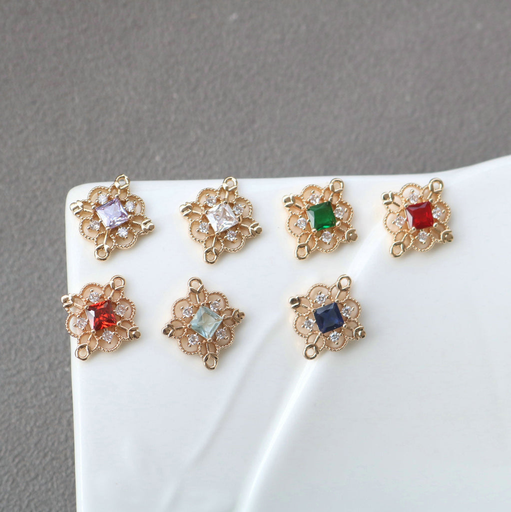 10pcs Flower Connector, Cubic Zircon Crystal Pendant, Bracelet Necklace Pendant, 14K Real Gold Plated, Jewelry Findings HL110-F008