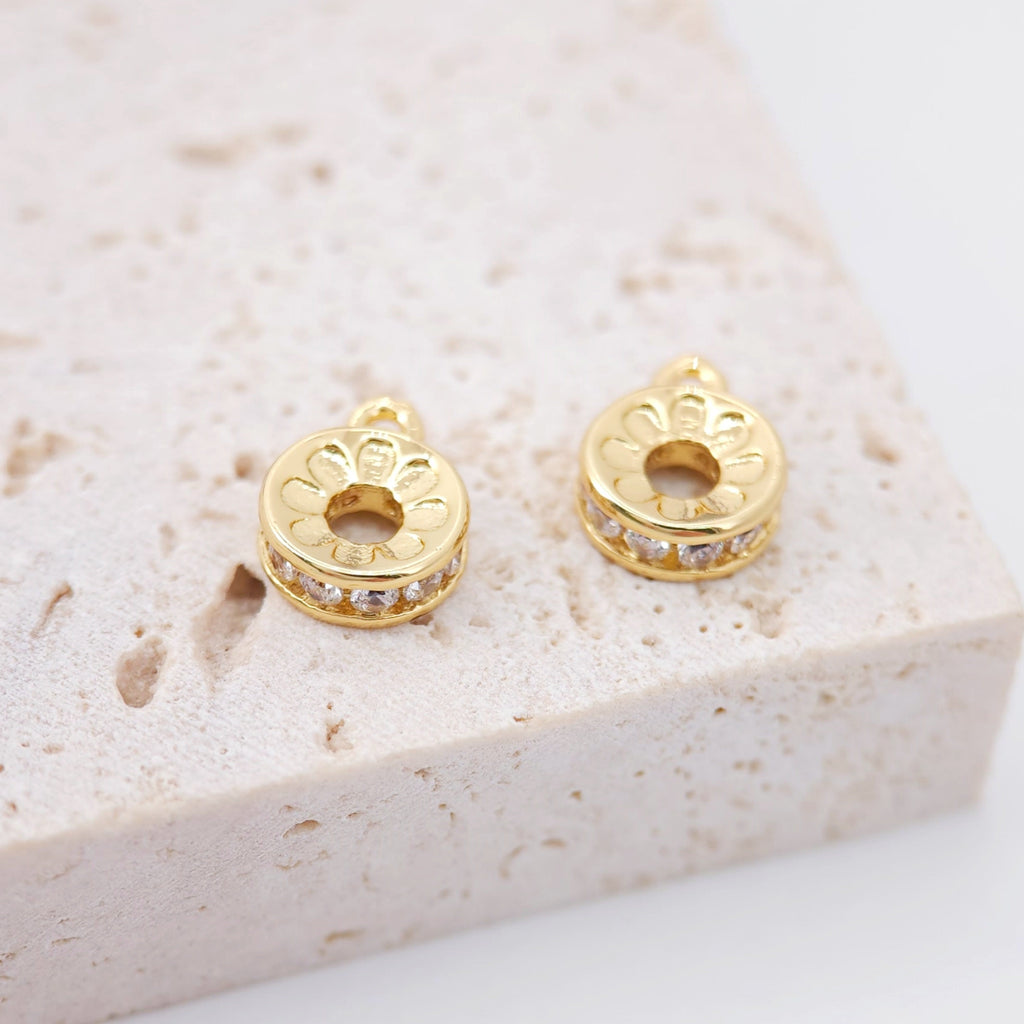 Round CZ Pave Charm, 18K Gold Plated Pendant for Bracelet Necklace Making, 7mm, Jewelry Finding S833