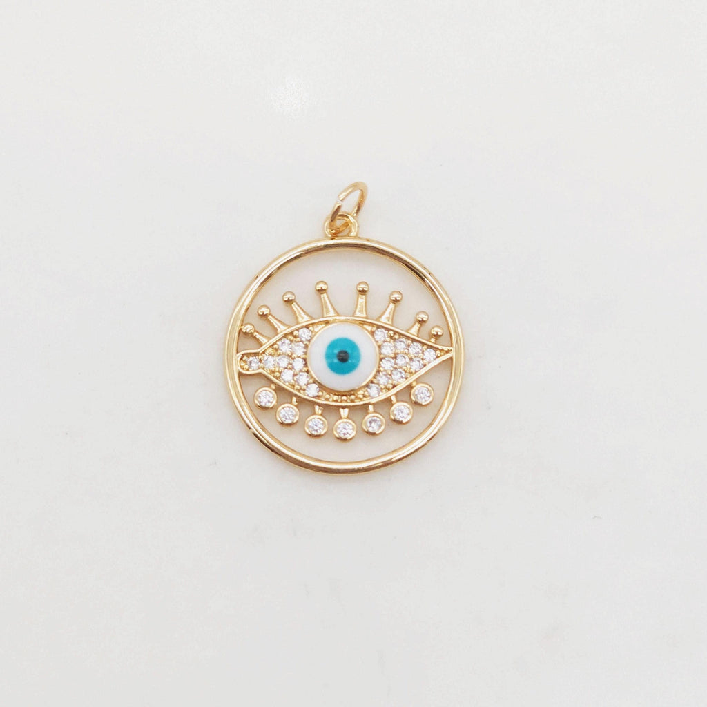 Cubic Evil Eye Charm, 18K Gold Plated Micro CZ Pave Round Pendant, 20mm, Necklace Making Charm, Jewelry Findings S20377