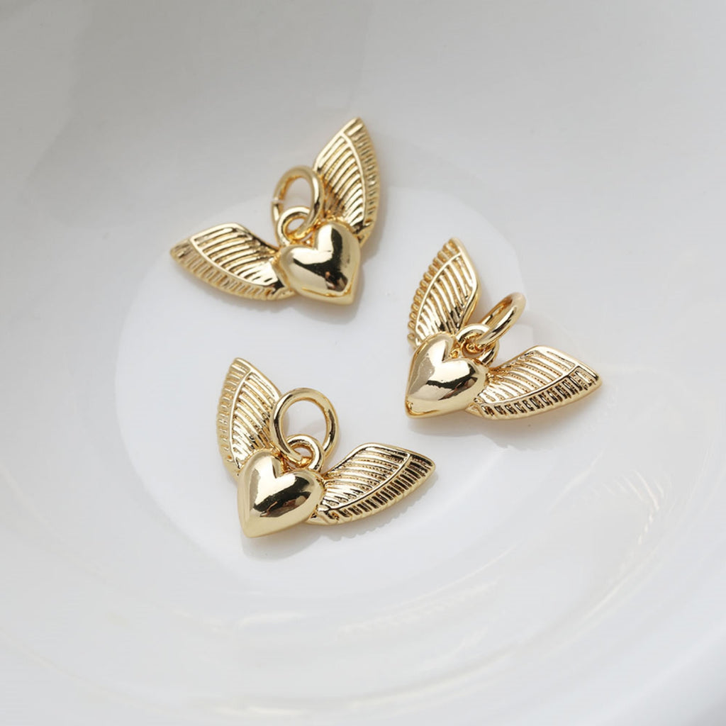 Gold Wings of Love Pendant, 14K Gold Wing Charm, Heart Charm for Necklace Making, Jewelry Findings GT032