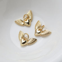 Load image into Gallery viewer, Gold Wings of Love Pendant, 14K Gold Wing Charm, Heart Charm for Necklace Making, Jewelry Findings GT032