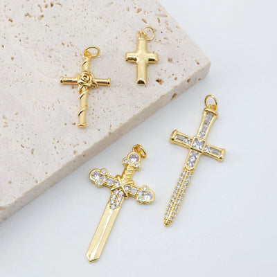 CZ Pave Cross Charms, Sword Pendant, Rose Cross Charm, 18K Gold Plated, Necklace Making Charms, Jewelry Findings S890