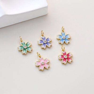 Dijes de flores esmaltadas pequeñas, colgante chapado en oro de 18 quilates, dijes para collares y pendientes, accesorios para bisutería S1319