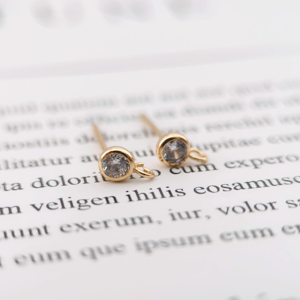 10PCS Tiny Ear Post with Loops, S925 Silver Ear Pin Nickel Free, Micro CZ Pave, 4mm/6mm, 14K Gold Plated Stud Earring Finding Z039